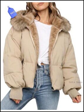Women's Quilted Puffer Jacket Faux Fur Lined Hooded Winter Coat